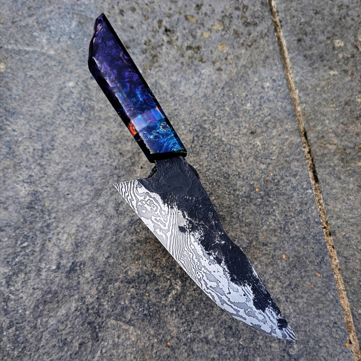 Chef Knife - Blue handle, Damascus blade