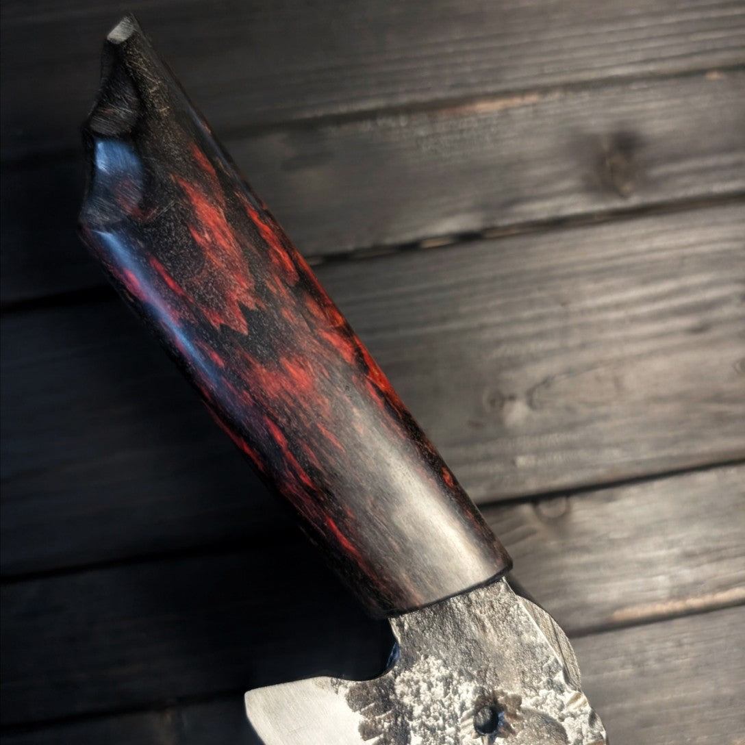 Chef knife - high carbon blade with holes in the spine and red handle